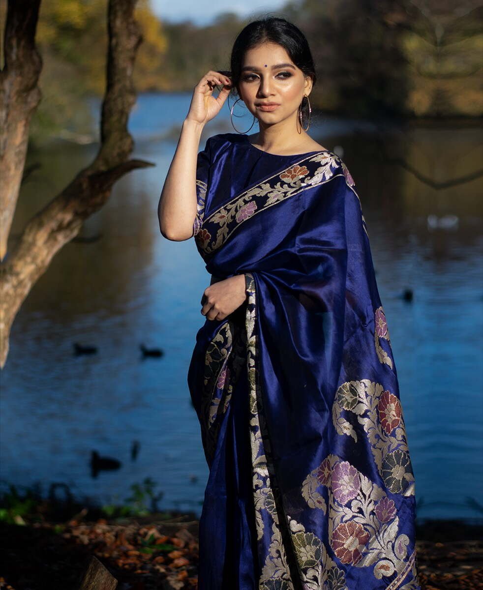 A handwoven navy Banarasi silk saree from Kosataga