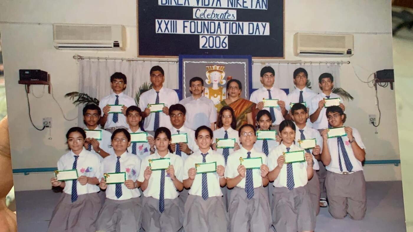 Dr Aditya Malik with classmates after receiving a school scholarship for board examination results